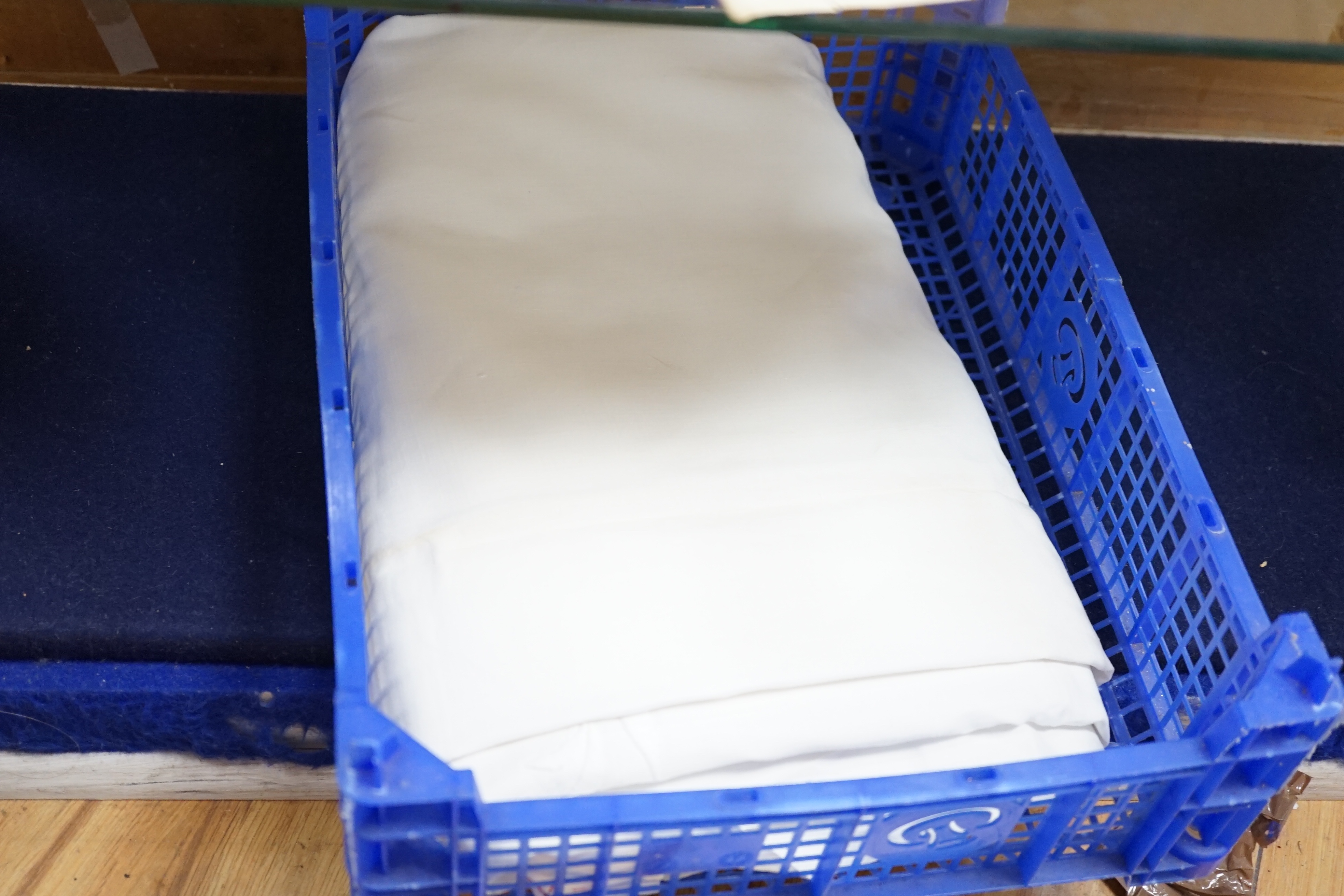 A linen sheet with embroidered turn back Chinese embroidered rank badge, a cream beaded panel, two hankie sachets, a swan's down cape, black fringing etc
